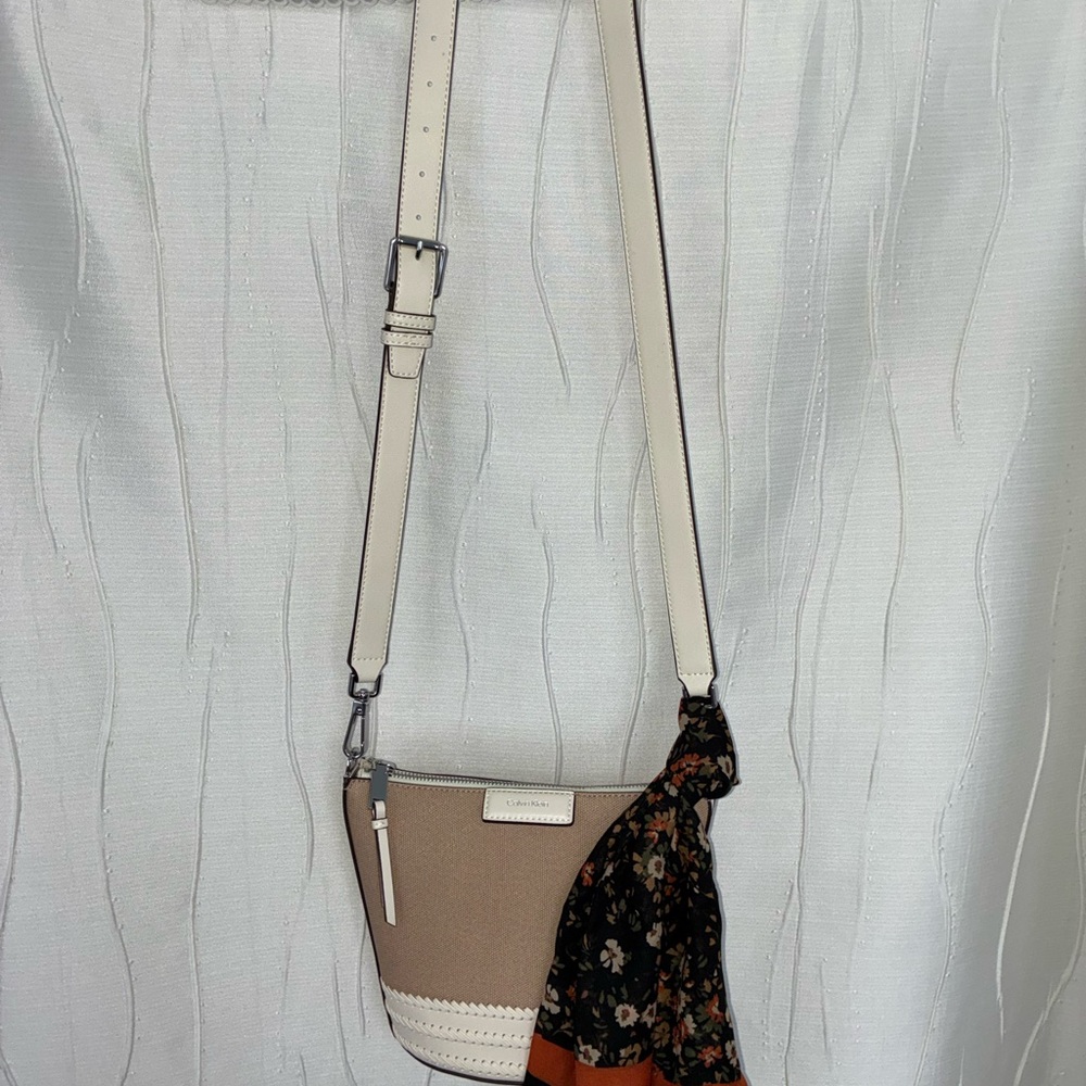 Elegant Calvin Klein Cream and Tan Women's Bucket Bag with Floral Scarf